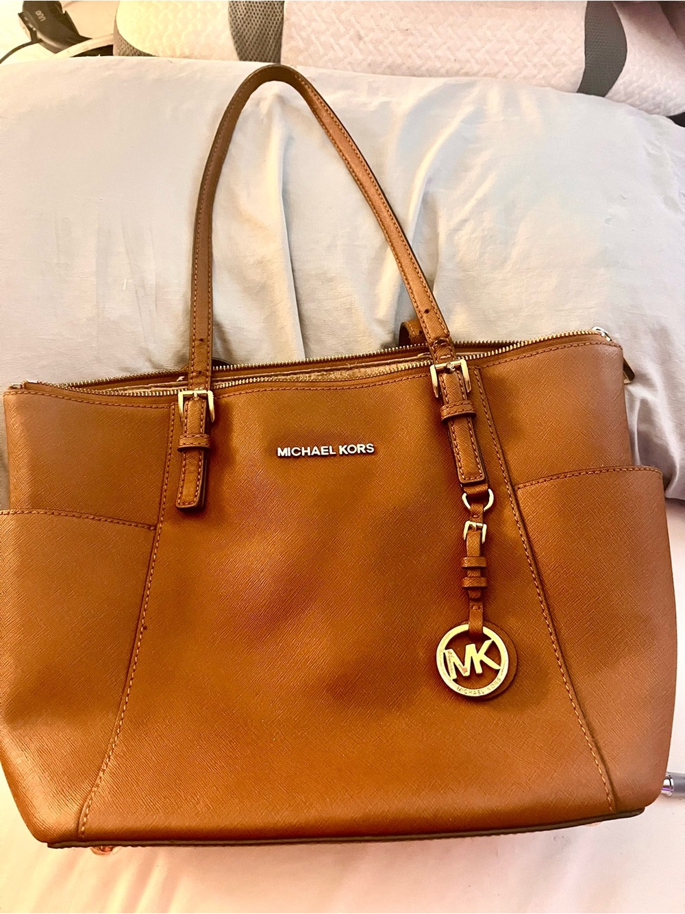 Michael Kors Cognac Saffiano Leather Tote with Gold MK Charm